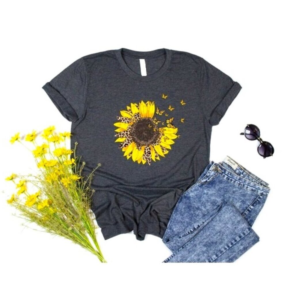 Sunflower Leopard Floral Retro Cute Womens Graphic Summer T-Shirt 91
